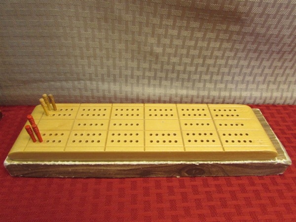 VINTAGE CRIBBAGE BOARD, 14 DECKS OF BEE PLAYING CARDS FROM RENO'S CLUB CAL NEVA & A WOOD BOX TO KEEP (SOME) IN