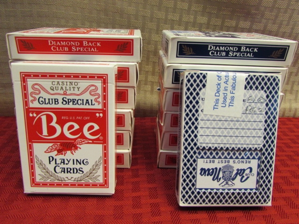 VINTAGE CRIBBAGE BOARD, 14 DECKS OF BEE PLAYING CARDS FROM RENO'S CLUB CAL NEVA & A WOOD BOX TO KEEP (SOME) IN