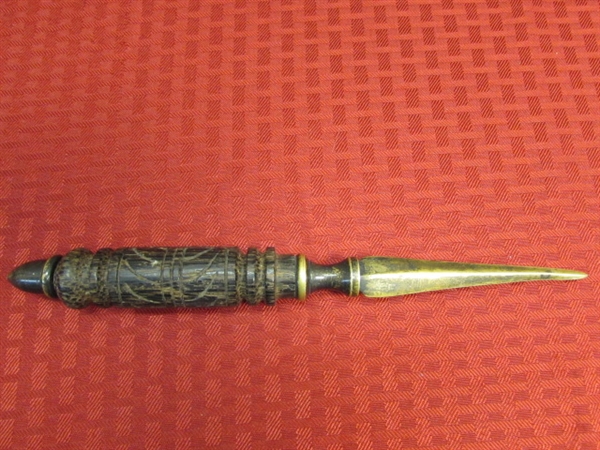ANTIQUE BRASS LETTER OPENER WITH INTRICATELY CARVED HANDLE. . . .OR IS IT A LADIES DAGGER?!?!
