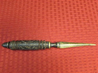 ANTIQUE BRASS LETTER OPENER WITH INTRICATELY CARVED HANDLE. . . .OR IS IT A LADIES DAGGER?!?!