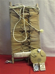 AWESOME VINTAGE PACK BOARD CANVAS OVER WOOD BACKPACK FRAME, BOY SCOUTS OF AMERICA COMPASS & CANTEEN