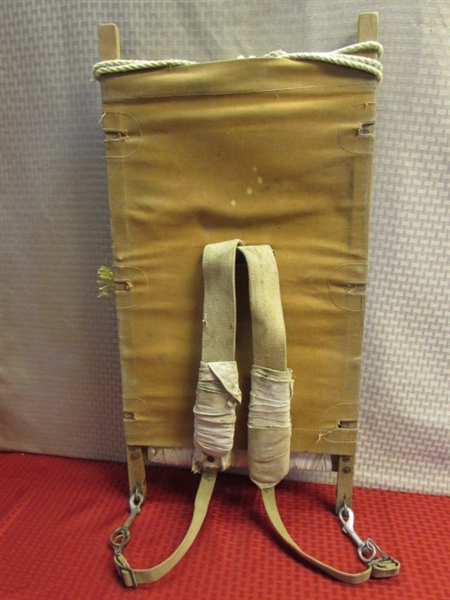 AWESOME VINTAGE PACK BOARD CANVAS OVER WOOD BACKPACK FRAME, BOY SCOUTS OF AMERICA COMPASS & CANTEEN