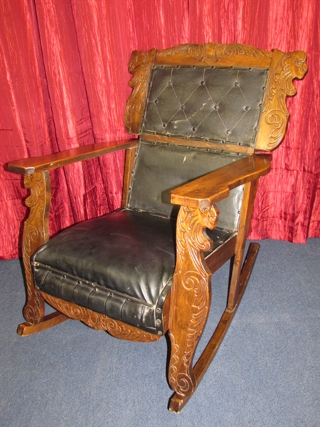 HANDSOME & UNIQUE ANTIQUE MAHOGANY ROCKING CHAIR WITH CARVED LIONS HEADS, UPHOLSTERED SEAT & BACKREST