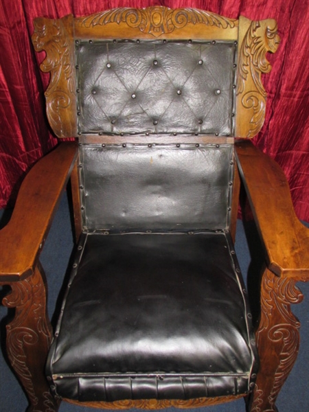 HANDSOME & UNIQUE ANTIQUE MAHOGANY ROCKING CHAIR WITH CARVED LIONS HEADS, UPHOLSTERED SEAT & BACKREST