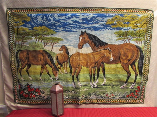 LOVELY, LARGE VINTAGE TAPESTRY WALL HANGING GRAZING HORSES & PARTYLITE LANTERN