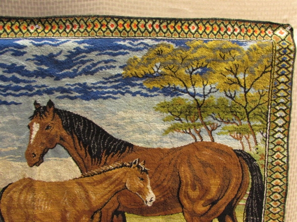 LOVELY, LARGE VINTAGE TAPESTRY WALL HANGING GRAZING HORSES & PARTYLITE LANTERN