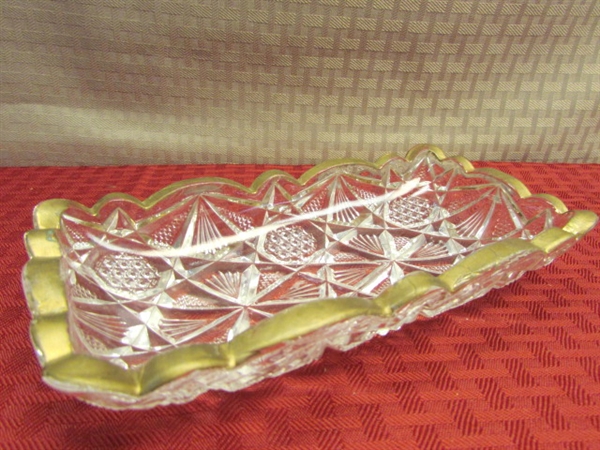 FOUR BEAUTIFUL VINTAGE GLASS DISHES, AMERICAN BRILLIANT, ART DECO & MORE FOR HOLIDAY CANDIES, TRINKETS OR ? ? ?
