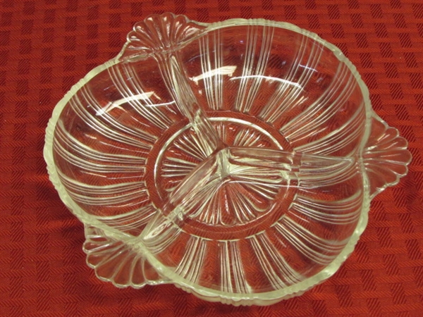 FOUR BEAUTIFUL VINTAGE GLASS DISHES, AMERICAN BRILLIANT, ART DECO & MORE FOR HOLIDAY CANDIES, TRINKETS OR ? ? ?