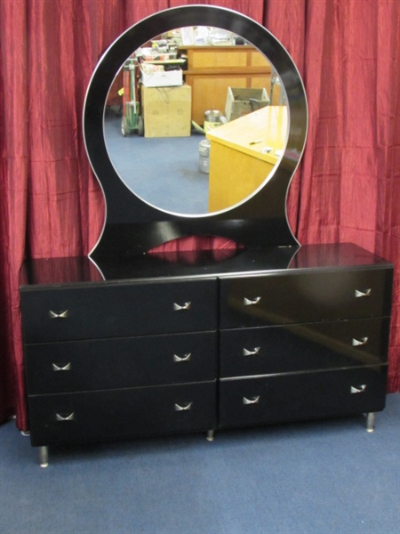 CLASSY BLACK LACQUER 6 DRAWER DRESSER WITH MIRROR