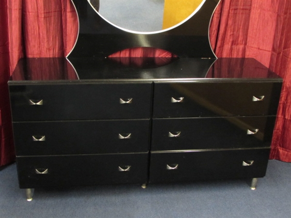 CLASSY BLACK LACQUER 6 DRAWER DRESSER WITH MIRROR