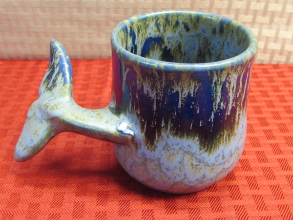 IT'S A WHALE OF A TALE!  COLLECTIBLE VINTAGE  SIGNED DOUG WYLIE GLAZED POTTERY MUG WITH WHALE TAIL HANDLE