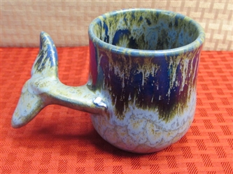 ITS A WHALE OF A TALE!  COLLECTIBLE VINTAGE  SIGNED DOUG WYLIE GLAZED POTTERY MUG WITH WHALE TAIL HANDLE