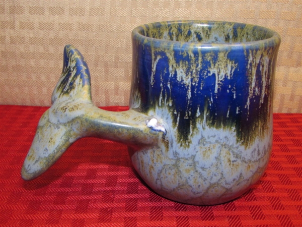 IT'S A WHALE OF A TALE!  COLLECTIBLE VINTAGE  SIGNED DOUG WYLIE GLAZED POTTERY MUG WITH WHALE TAIL HANDLE