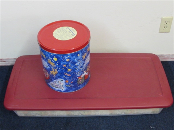 FUN FILLED LARGE PLASTIC TUB FULL OF GIFT WRAP & A BIG TIN FULL OF BOWS