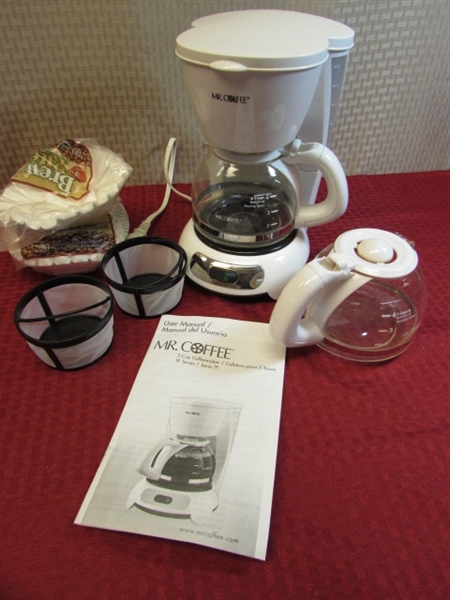COFFEE, TEA & COOKIES- MR. COFFEE MAKER W/TWO CARAFES, CORELLE  ICE TEA JAR, CERAMIC COOKIE JAR, MUGS & GLASS CANISTER 