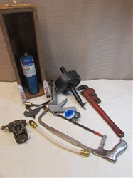 PIPEMASTER 18" PIPE WRENCH, DRAIN SNAKE, COPPER PIPE FLARE TOOL & CUTTING TOOL & MORE