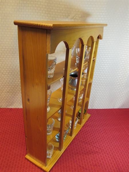 VERY CUTE WOOD CURIO SHELF/CABINET WITH AN ARRAY OF GLASSES, TUMBLERS & more