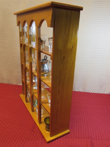 VERY CUTE WOOD CURIO SHELF/CABINET WITH AN ARRAY OF GLASSES, TUMBLERS & more