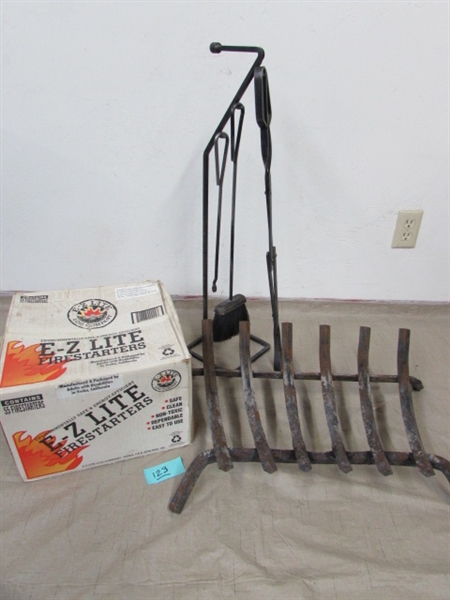 PARTIAL BOX OF E-Z LITE FIRESTARTERS, FIREPLACE GRATE & TOOLS WITH STAND