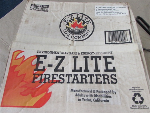 PARTIAL BOX OF E-Z LITE FIRESTARTERS, FIREPLACE GRATE & TOOLS WITH STAND