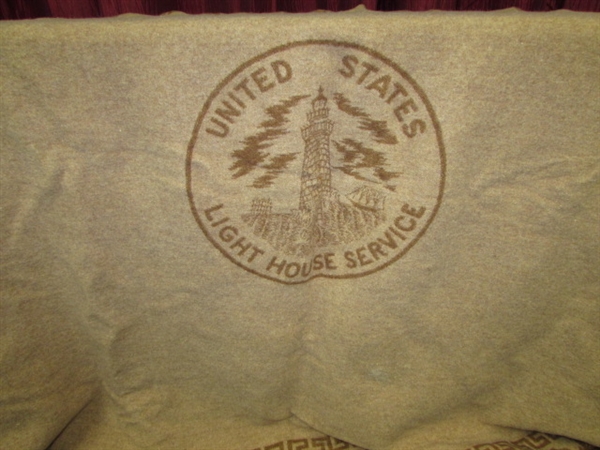 COLLECTIBLE TAN WOOL BLANKET WITH UNITED STATES LIGHTHOUSE SERVICE EMBLEM 