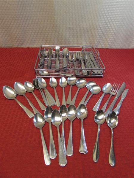 BEAUTIFUL STAINLESS STEEL  SIX SETTING FLATWARE SET, STAINLESS STEEL UTENSIL TRAY & MORE... 