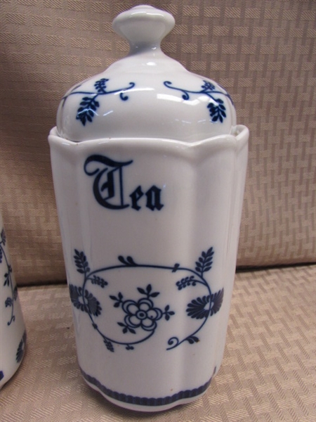 LOVELY VINTAGE 3 PIECE PORCELAIN CANISTER SET MADE IN ROMANIA & IONA CHINA BLUE BIRD PLATTER 