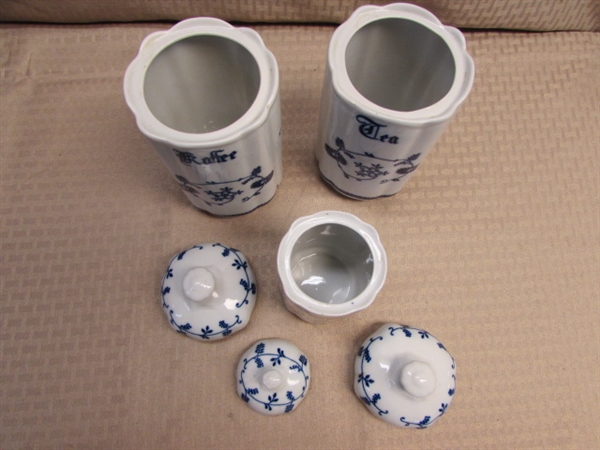 LOVELY VINTAGE 3 PIECE PORCELAIN CANISTER SET MADE IN ROMANIA & IONA CHINA BLUE BIRD PLATTER 