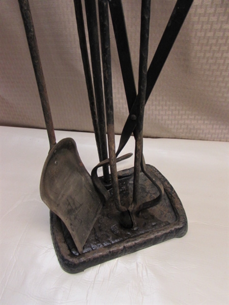 CHILLY? ? ?  STOKE YOUR FIRE WITH THIS 4 PIECE CAST IRON FIRE PLACE TOOL SET WITH STAND