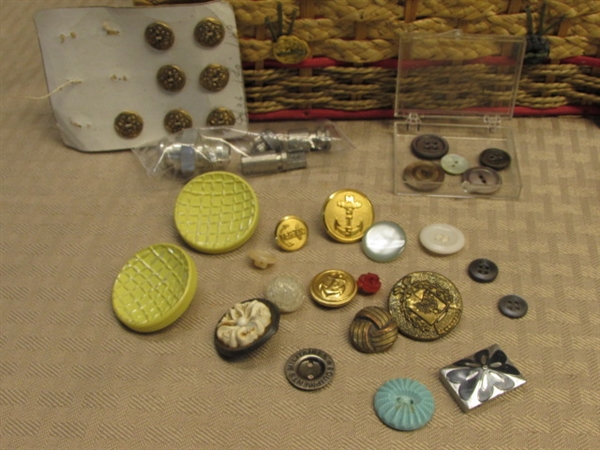 AWESOME BUTTON COLLECTION, LOTS OF OLD BUTTONS, REAL MOTHER OF PEARL, SHEARS & MORE IN CUTE SEWING BASKET