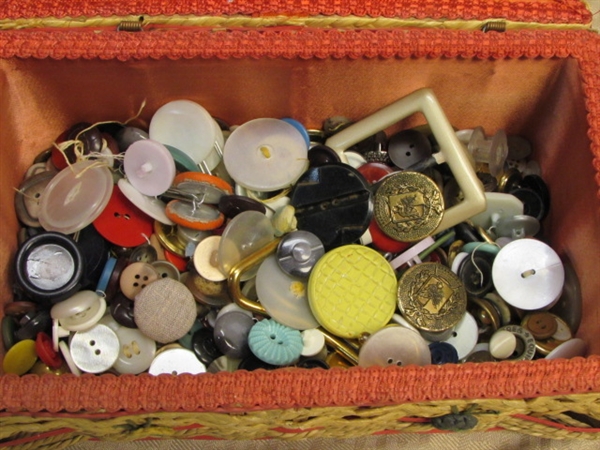 AWESOME BUTTON COLLECTION, LOTS OF OLD BUTTONS, REAL MOTHER OF PEARL, SHEARS & MORE IN CUTE SEWING BASKET