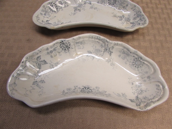 COLLECTIBLE CORNING WARE CORNFLOWER LOAF PANS & KETTLE, ANTIQUE TRANSFERWARE CRESCENT PLATES, RAG BASKET & MORE