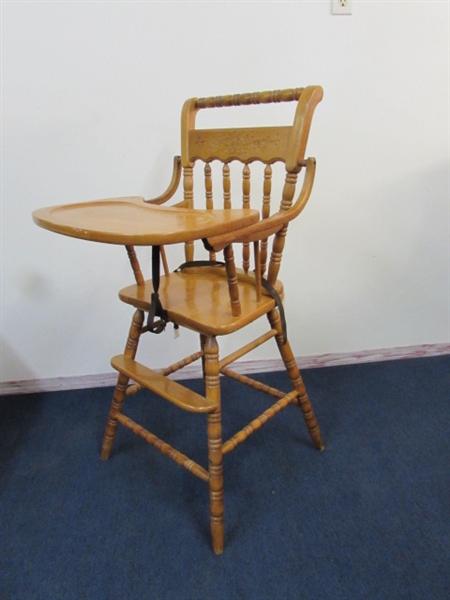 VINTAGE SOLID WOOD CARVED BACK BABY HIGH CHAIR 