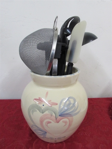 POTTERY HAND PAINTED CROCK WITH UTENSILS, BLUE & WHITE VASE, BLUE GLASSES, CORELLE SERVING PLATE 