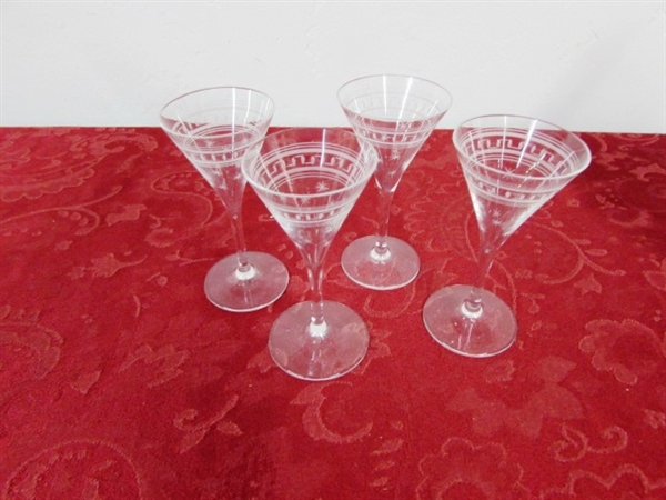 FROSTED CRYSTAL CANDY DISH & BEAUTIFUL SNOWFLAKE & FLORAL CRYSTAL GOBLETS.