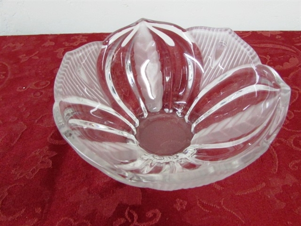 FROSTED CRYSTAL CANDY DISH & BEAUTIFUL SNOWFLAKE & FLORAL CRYSTAL GOBLETS.