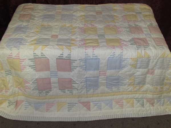 TWIN SIZE BEDDING-PRETTY PATCHWORK BED SPREAD, BLANKET, SHEETS, BED SKIRT & PILLOW