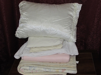 TWIN SIZE BEDDING SET #2-PRETTY PATCHWORK BED SPREAD, BLANKET, SHEETS, BED SKIRT & FEATHER PILLOW