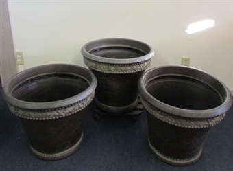 THREE PRETTY  & LARGE POTS FOR INDOOR/OUTDOOR PLANTS & A PLANT CADDY