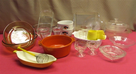 KITCHEN GOODIES!  PYREX PANS & LIDDED CASSEROLE DISHES, CALIFORNIA POTTERY, TUPPERWARE MEASURING CUPS & MORE