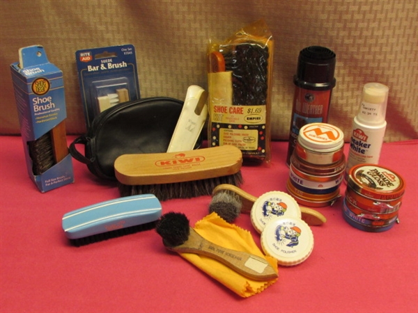 KEEP YOUR SHOES LOOKING SPIFFY & NEW!  OODLES OF SHOE POLISH, CLEANER, BRUSHES & MORE, LOTS OF NEVER USED!