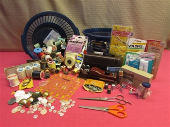 OODLES OF THREAD (LOTS OF WOOD SPOOLS), KENMORE BUTTONHOLER & ATTACHMENTS, SCISSORS, THIMBLES & MORE