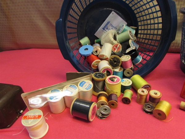 OODLES OF THREAD (LOTS OF WOOD SPOOLS), KENMORE BUTTONHOLER & ATTACHMENTS, SCISSORS, THIMBLES & MORE