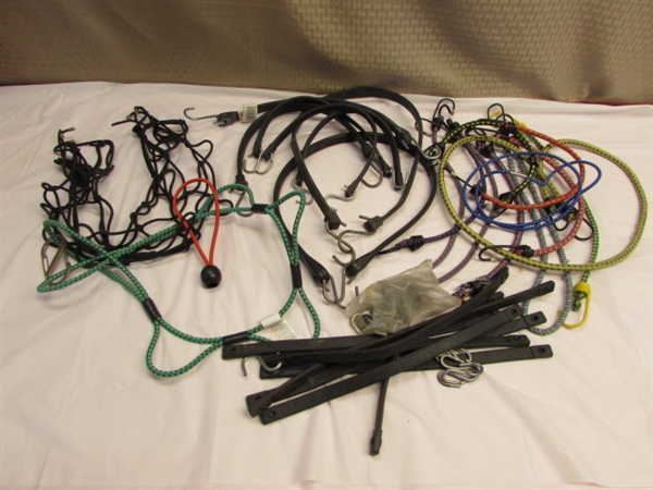 A TON OF BUNGEE CORDS!  LONG, SHORT, HEAVY DUTY & EVERY DAY. . .PLUS BUNGEE CORD NET & LOOP ROPE