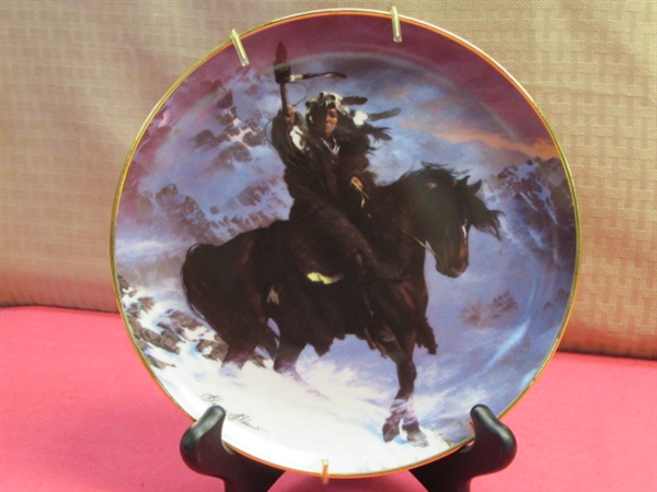 THREE BEAUTIFULLY PAINTED COLLECTIBLE PORCELAIN PLATES-NATIVE AMERICAN WARRIORS ON HORSEBACK BY HERMAN ADAMS