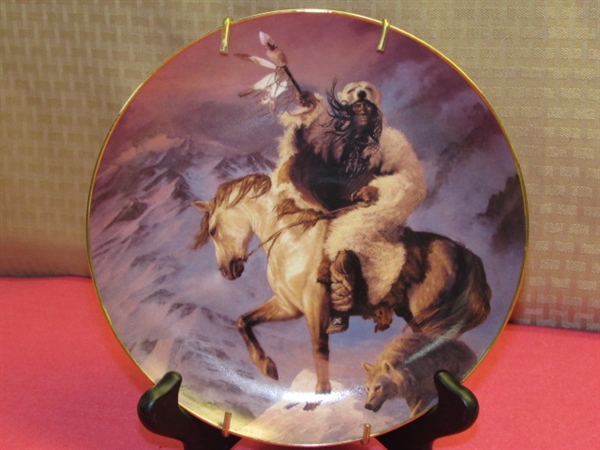 THREE BEAUTIFULLY PAINTED COLLECTIBLE PORCELAIN PLATES-NATIVE AMERICAN WARRIORS ON HORSEBACK BY HERMAN ADAMS