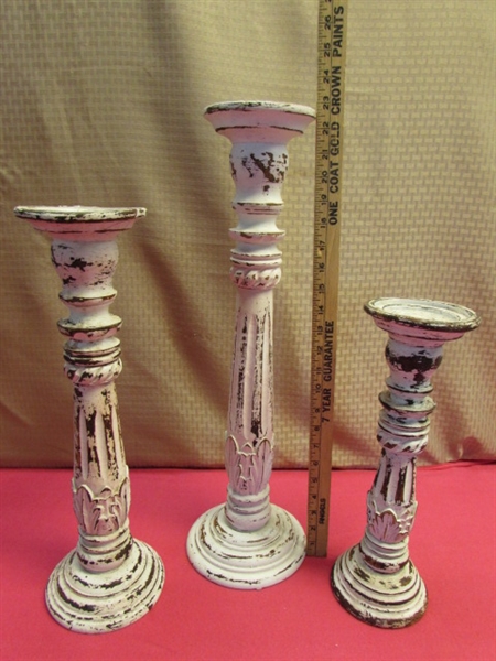 THREE AWESOME OVERSIZED CARVED ANTIQUED WOOD CANDLESTICKS