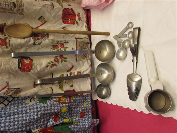 VINTAGE KITCHEN! YELLOW DAZEY CAN OPENER, NEW TOWELS, APRONS, HAND HELD GRINDER, STAINLESS STEEL LADLES & MORE
