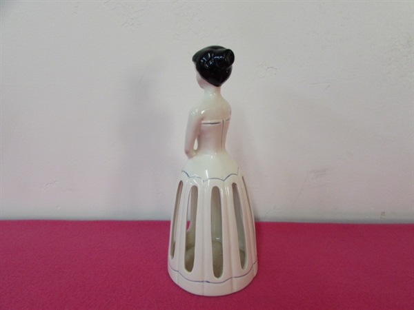 AMAZING  VINTAGE PORCELAIN LADY IN THE DRESS IS A NAPKIN HOLDER 