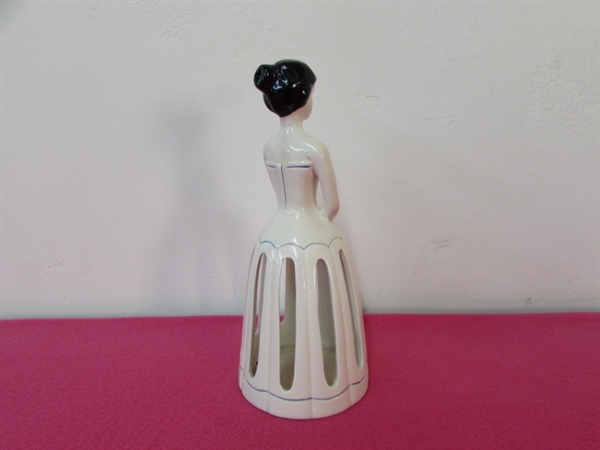 AMAZING  VINTAGE PORCELAIN LADY IN THE DRESS IS A NAPKIN HOLDER 